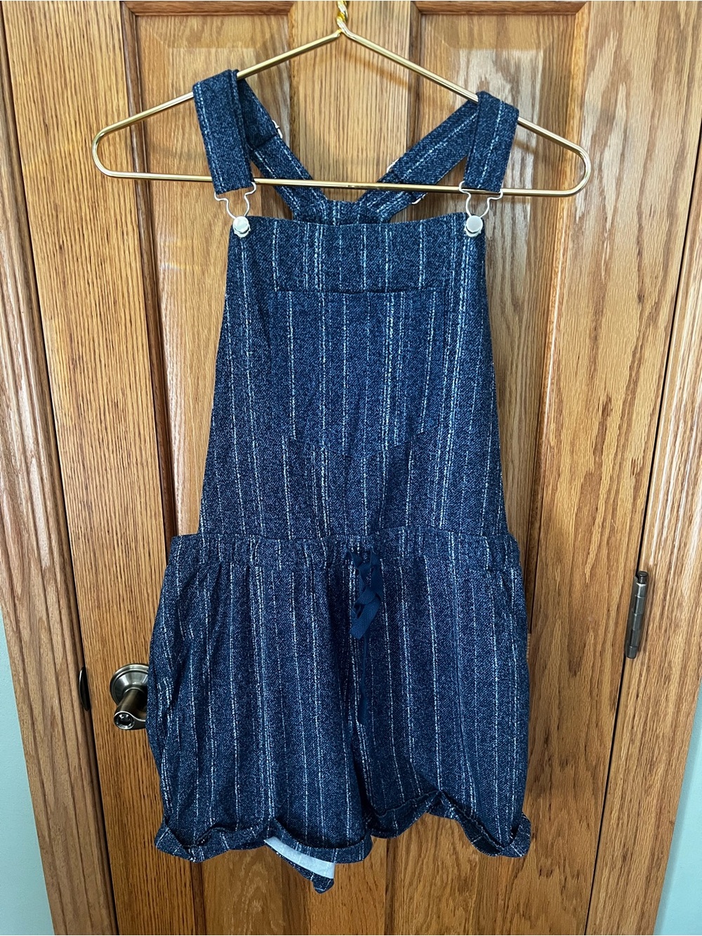 No Boundaries Navy Pinstriped Denim Romper